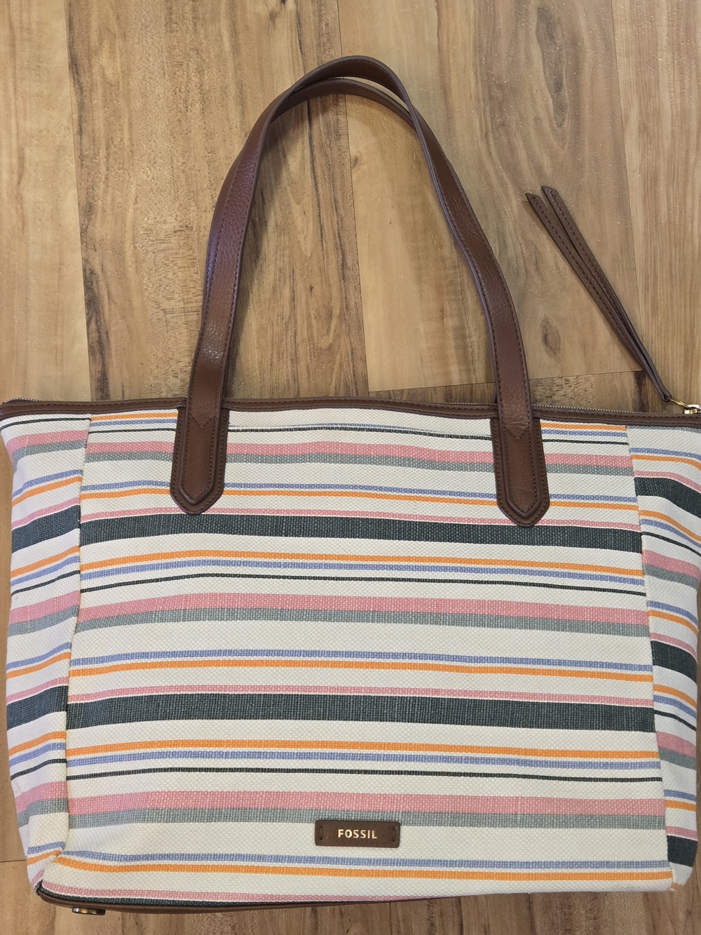 Fossil Sydney Shopper Tote Bag – Multi-Color Spring Stripe Canvas with Brown Lea